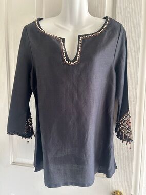 Beaded Black Women's Tunic Top with Embellished Sleeves